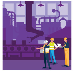 Industrial Factory Scene with Workers Overseeing Automated Robotic Arm and Production Line - Vector Illustration