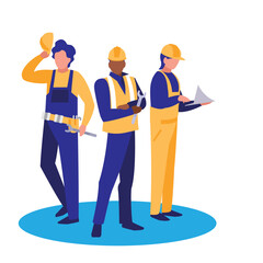 Vector illustration of a diverse group of three construction workers wearing overalls, hard hats, and safety vests, showcasing construction professions, skilled trades