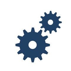 Vector illustration of two interlocking dark blue gears, representing teamwork, mechanics, engineering, processes, settings, and collaborative solutions