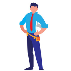 Vector illustration of a male construction project manager or engineer wearing business attire with tool belt and rolled blueprint