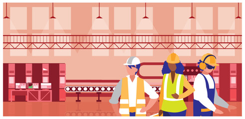 Vector Illustration of a Diverse Group of Factory Workers in Safety Vests and Hard Hats Standing in a Manufacturing Facility with a Conveyor Belt and Industrial