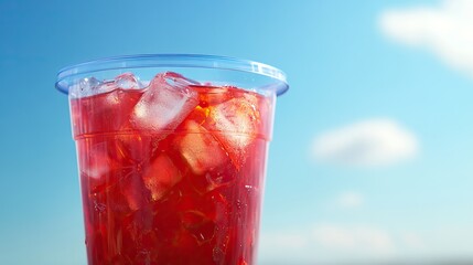 Summer simple red iced drink in plastic cup AI generated image