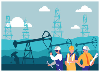 Vector illustration of a team of oil field workers, including a mechanic, engineer, and supervisor, standing in front of pumpjacks and oil derricks against a bright sky