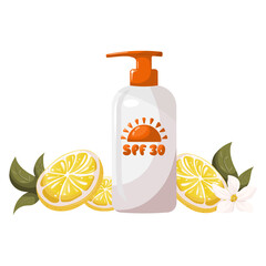 Hand drawn sunscreen lotion with lemon slices and flower. Beauty, skincare, bodycare, UV protection concept. Vector illustration in flat style. SPF summer cosmetics in cartoon stylisation
