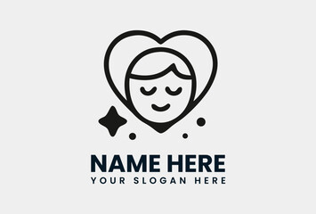 Minimalist line art icon featuring a serene human face within a heart shape, symbolizing self-love, well-being, and emotional happiness. Mental health and self-care concept