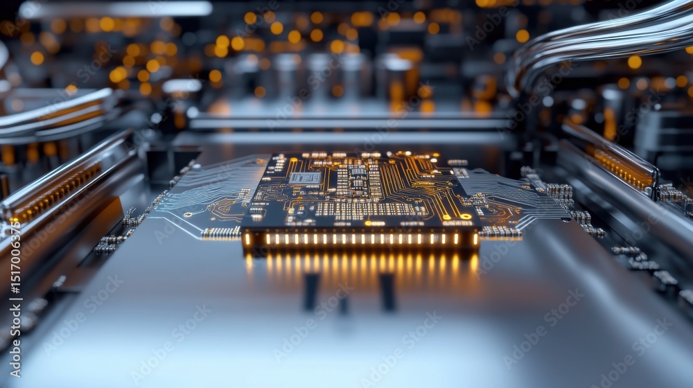 Poster a close-up view showcases a detailed microchip on a circuit board illuminated by warm led lights. th