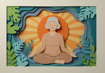 Senior woman meditating in lotus pose, surrounded by sun rays and tropical leaves