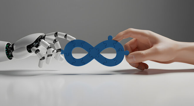 Robot hand and human hand connecting puzzle piece in the shape of infinity, symbolizing collaboration, artificial intelligence, and future innovation