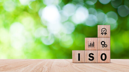 ISO standards quality control, wooden cubes with ISO standards quality control concept, assurance...
