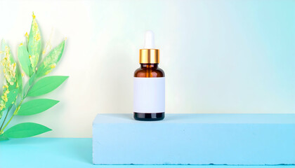 Amber Glass Dropper Bottle with Blank Label on Blue Pastel Background