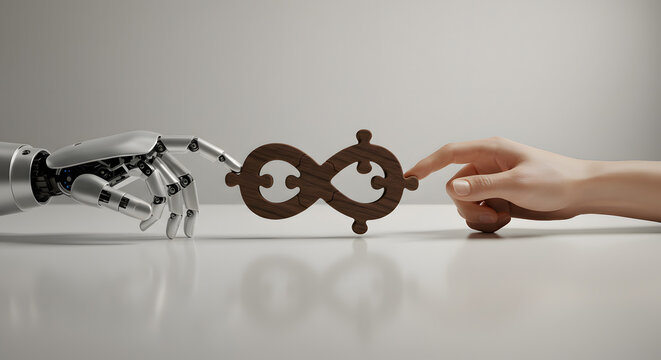 Robot hand and human hand connecting puzzle piece in the shape of infinity, symbolizing collaboration, artificial intelligence, and future innovation