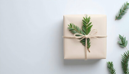 Beige Gift Wrapped in Kraft Paper with Greenery