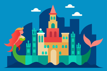 Fototapeta premium A magical fairy tale castle illustration, a fantasy building on a hill with towers under the night sky