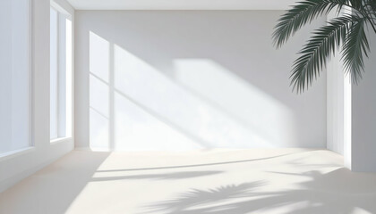 Bright Minimalist Room Interior With Sunlight and Palm Shadow