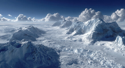 Obraz premium Snowy Mountain Range Under a Blue Sky With Clouds, Representing Adventure Tourism and Environmental Exploration