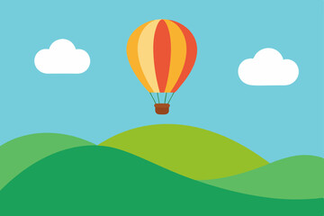 Colorful hot air balloons fly through a summer sky over a fun, natural landscape