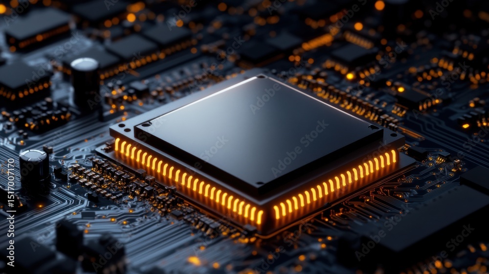 Poster a detailed view of a centralized processing unit surrounded by intricate circuit pathways and illumi