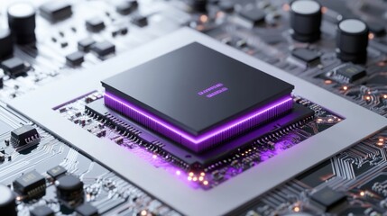A modern microchip is centered on a circuit board, featuring vibrant purple lighting. This setup highlights advanced technology in a laboratory environment, showcasing intricate electronic components.