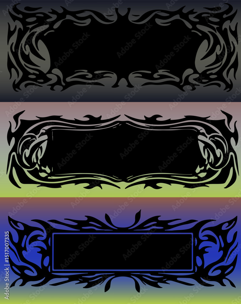 Poster Three vertical tribal-style vector frames in black with intricate patterns, set on colorful gradient backgrounds. The design uses the popular tattoo-inspired, ornamental graphic style.