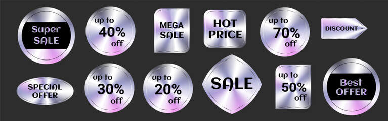 Set of colorful neon stickers, label with holographic effect. Isolated shiny rainbow emblems for Sales .SALE, HOT PRICE, UP TO 50 pourcents OFF. Vector illustration.