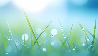 Closeup of Dew Drops on Green Grass Blades in Soft Light