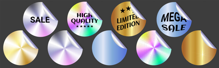 Holographic stickers with and without text. Mockups. Round metallic silver, gold, neon, rainbow labels. Vector illustration