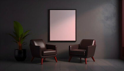 Dark Modern Room Interior Mockup with Two Leather Chairs and Plant
