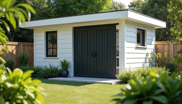 Contemporary white backyard shed with flat roof. Large dark doors, windows. Surrounded by green plants, green lawn. Modern minimalist compact structure. Home exterior, home improvement, garden