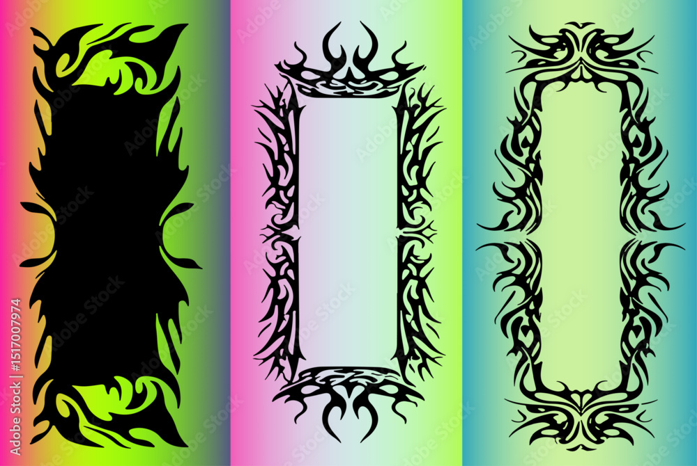 Poster three vector tribal frames on a colorful gradient background. the illustration features bold, sharp 