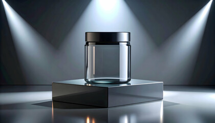 Empty Glass Jar on Black Platform with Studio Lighting