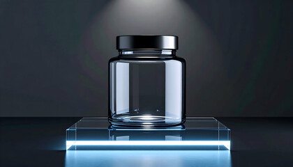 Empty Glass Jar with Black Lid on a Glass Platform