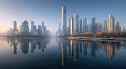Obraz premium Modern City Skyline Reflection on Water at Dawn, Showcasing Urban Development and Infrastructure Investment Opportunities, With a Sense of Serenity