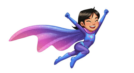 Happy Superhero Girl in Cape Flying with Joy isolated on transparent background. Child's Imagination and Strength.
