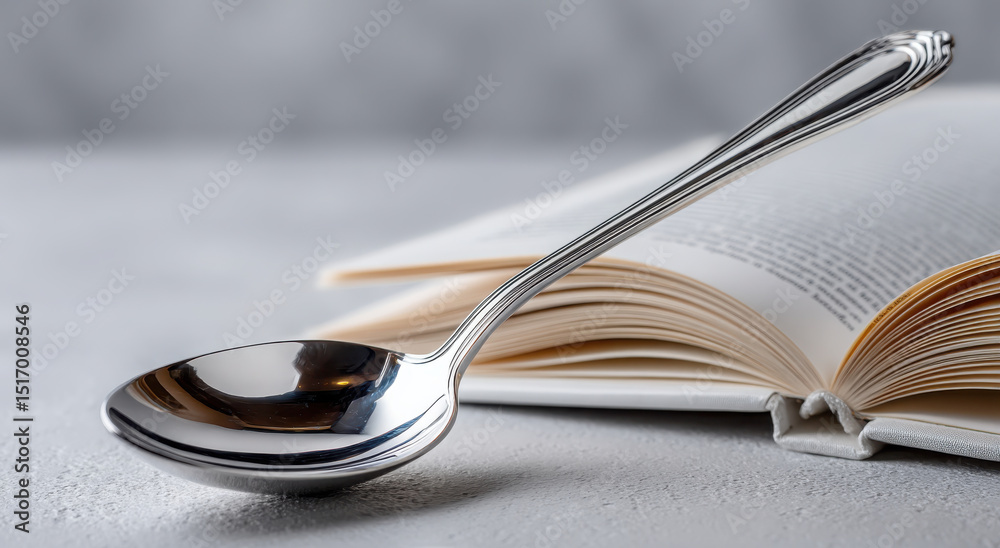Poster silver spoon resting on open book, symbolizing knowledge and culinary education, perfect for recipe 