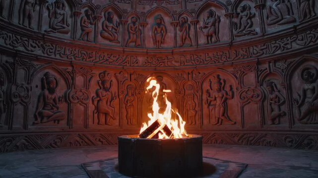 Burning firewood in ancient temple with bas reliefs