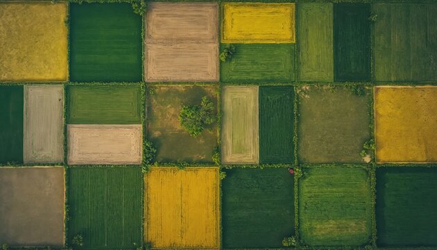 Aerial view of diverse agricultural fields, showing precision farming. Satellite imagery crop health, promoting sustainable agriculture. Digital technology monitors growth, aids environmental