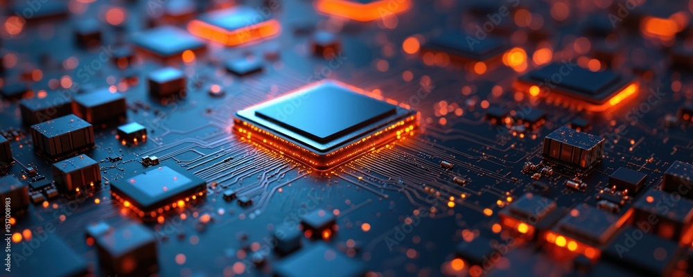 Poster futuristic computer chip central processing unit on motherboard with orange, blue lights. digital te