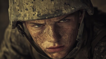 Obraz premium A man in a military uniform with a dirty helmet and a look of anger on his face