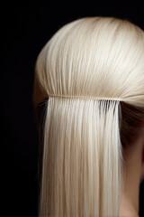Naklejka premium Long, straight, and sleek blonde hair styled elegantly, partially covering the back of a head. hair extension