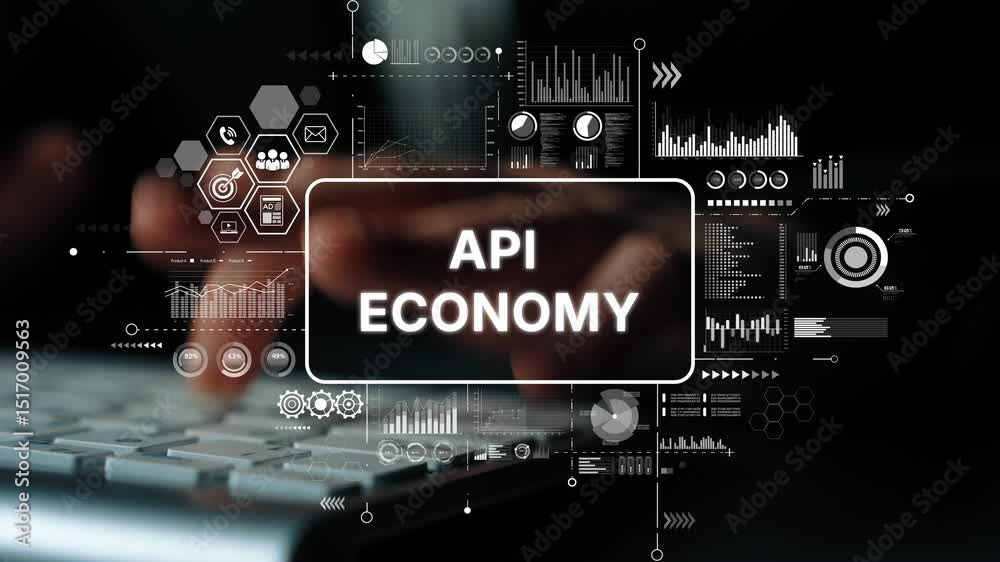 Poster hands typing on keyboard with data visuals, concept of api economy and digital innovation. asymptoti