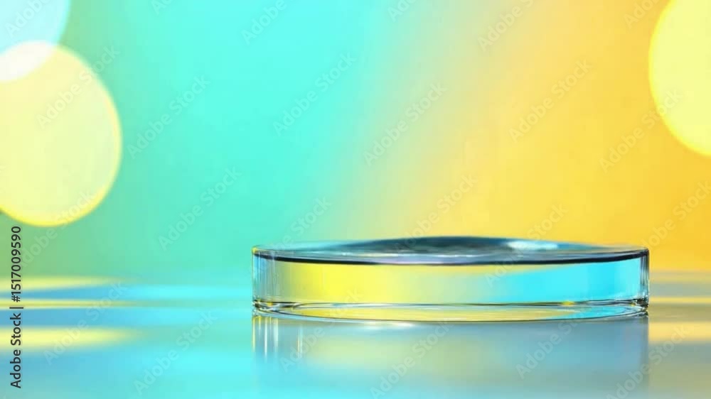 Poster Glass Stage on Gradient Background: The image shows an elegant glass stage, perfect for product display, set against a vivid gradient background, creating a vibrant and modern atmosphere.