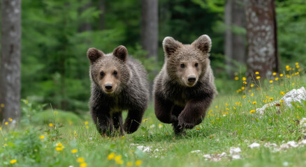 Obraz premium Two Brown Bear Cubs Running Through a Meadow, Symbolizing Wildlife Conservation and Environmental Awareness With an Emphasis on Animal Protection