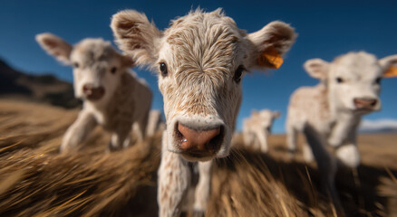 Obraz premium Close-Up of Curious White Calf in Field Under Blue Sky, Symbolizing Agriculture and Sustainable Farming Practices