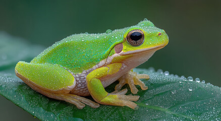 Fototapeta premium Green Tree Frog Covered in Water Droplets on Leaf, Representing Environmental Awareness and Conservation Efforts in Nature Photography