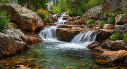 Cascading Waterfall Through Rocky Landscape, Showcasing Nature's Beauty and Environmental Harmony for Conservation Efforts