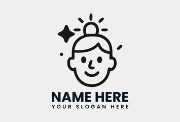 Minimalist line art smiling cartoon face with a glowing lightbulb above the head, symbolizing a new idea, inspiration, or moment of realization. Creativity and innovation concept