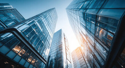Fototapeta premium Skyscrapers Reaching Towards the Sky in Worm's Eye View, Illustrating Corporate Ambition and Financial Strength in the Business District