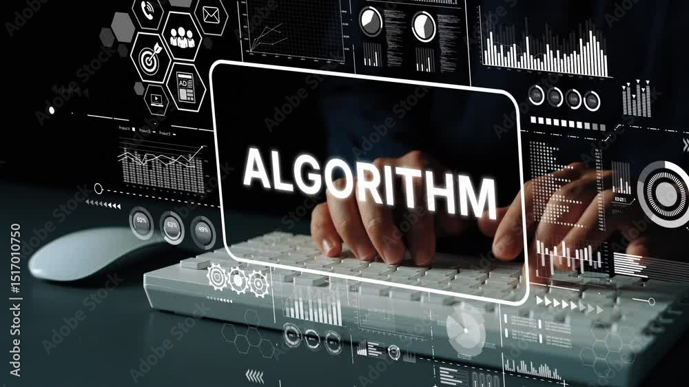 Poster futuristic data analysis with algorithm concept and modern technology elements in dark environment. 
