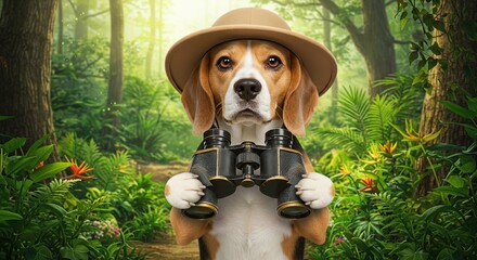 Beagle Dog Explorer Wearing Safari Hat Holding Binoculars in Green Forest Adventure Exploring Traveling Theme Outdoors