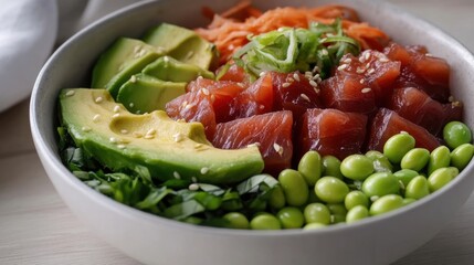 A vibrant poke bowl featuring fresh diced tuna, creamy avocado slices, edamame, and crunchy vegetables elegantly arranged in a sleek bowl, perfect for a healthy meal.